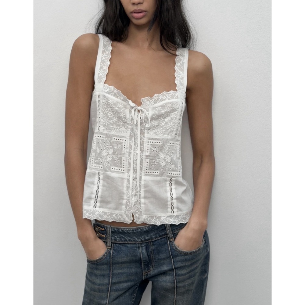 Zara White Lace Floral Tank Top Cottagecore Fairy Festival Ethereal Peasant